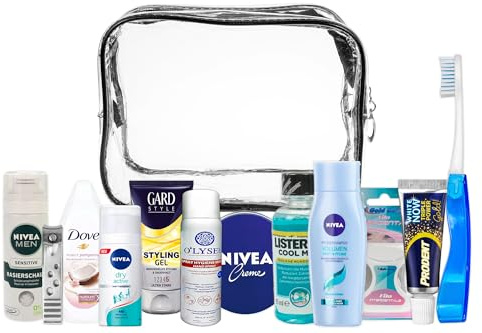 13-teiliges Herren-Reise-Essentials-Set mit Transparenter PVC-Kulturtasche | TSA-zugelassene Größe, Reißverschluss, leicht & Wasserdicht, ideal für Handgepäck, Flugreisen, Urlaube, Geschäftsreisen