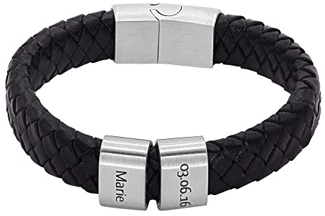 Heideman Armband Herren Titus Leder Edelstahl Gravur | Titus Herren-Lederarmband schwarz, silberne Gravurplatten, Edelstahl, personalisierbar, Magnetverschluss, Geschenk für Männer
