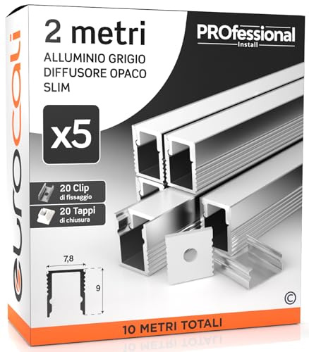 Profilo Slim da 2 metri in Alluminio per Strisce LED Copertura Opaca 7,8 x 9 mm - Installazione a superfice - Barra per Strip LED, Dissipatore - Pacco da 5 pezzi