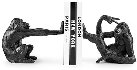 Buchstützen Affen dekorative Affen Buchstütze aus Kunststein (Polyresin) Bookend ist 2,5 KG schwer, solide ausgefüllter Kern Rutschfester Boden, handbemalte Oberfläche (Patina schwarz)
