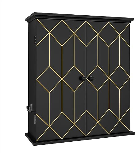 HOLTICO Medizinschrank, wandmontiert mit verstellbaren Regalen und seitlichen Haken, Goldverzierter Badezimmerschrank in klassischem Schwarz - Perfekt für Bad, Küche, Schlafzimmer