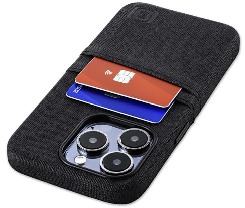 Dockem Kartenetui für iPhone 15 Pro mit Integrierter Metallplatte für Magnetischen Befestigung und 2 Kartenfächer: Luxe M2 Canvas-Stil Kunstleder Kartenhülle (iPhone 15 Pro, Schwarz)