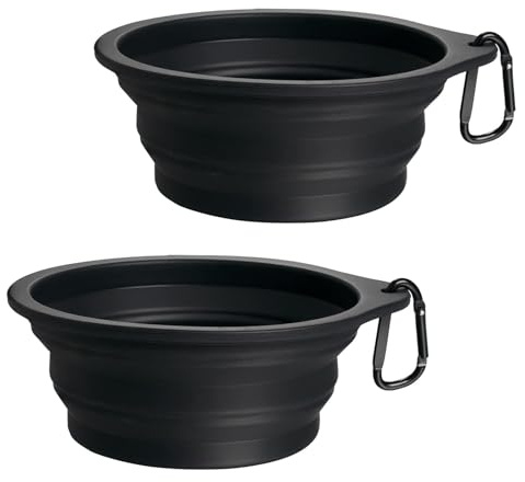 PetBonus 2-pack stora silikonhopfällbara hundskålar, 1000 ml BPA-fria portabla hopfällbara resekoppar för husdjur katt, mat- och vattenmatskål för camping med 2 karbinhakar (svart, svart)