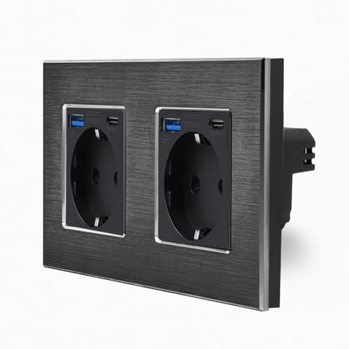 Luxus-Time 2-Fache USB Steckdose mit USB A/C Anschluss 20W im zweifachen Design Aluminiumrahmen für die DE Unterputzdose Einbau Dose zweifach Schuko Stecker in Schwarz LXBA2-MP010U-2-12