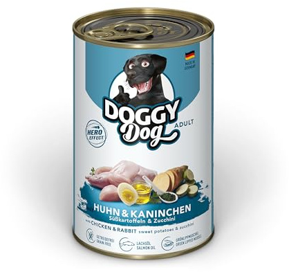 Doggy Dog Paté Lot de 6 boîtes de 400 g de Nourriture Humide pour Chien au Poulet et au Lapin sans céréales avec Huile de Saumon et Moule aux orles Vertes, Aliment Complet avec patate Douce et