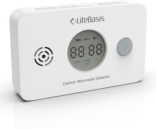 LifeBasis 3-in-1 Carbon Monoxide Detector with Temperature and Humidity Sensing LCD Display CO Alarm and Silence Function Carbon Monoxide Alarm 10 Year Life for Home,Warehouse,Hotel with AA Batteries