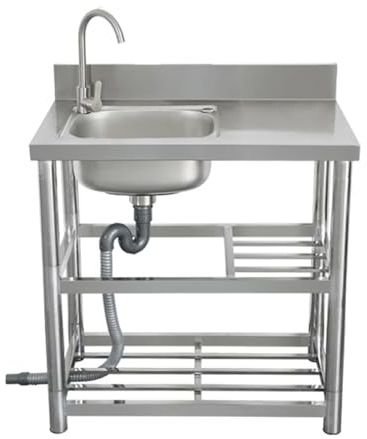 Freestanding Stainless Steel Single Bowl Commercial Outdoor Sink, Utility Sink with Faucet Workbench and Dual Storage Racks Widely Used in Kitchens, Garages, Restaurants, Laundry Rooms