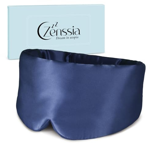 Zenssia Schlafmaske Seide für Damen und Herren, Marineblau | weich & atmungsaktiv, vergrößerte und verbreiterte Augenmaske, verstellbarer Klettverschluss, Ideal für Reise & Zuhause