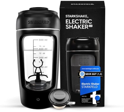 STARKSHAKE® V3 – Excelente coctelera eléctrica de la editorial F.A.Z (2025) | Coctelera eléctrica para batidos de proteínas cremosos | 7000 UPM | USB-C |60+ batidos | Incluye Starkpod | Negro