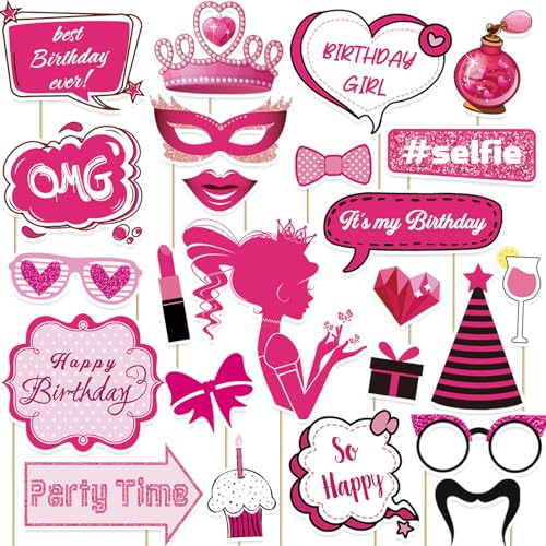 24 Pcs Pink Girls Birthday Photo Booth Props Kit - Hot Pink Princess Birthday Party Decoration Set with Real Glitter Cute Designs for Her, Funny Selfie Photo Booth Props for Kids Girls Any Bday Party