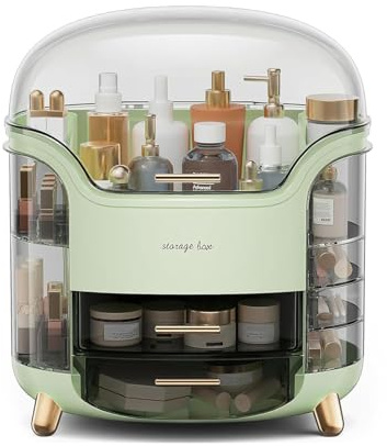 SIOOUI Makeuporganizer med Genomskinligt Lock – Kosmetik- och Hudvårdsfodral med Lådor och Läppstiftsfack, Dammtät och Vattentät för Makeup, Smycken, Toalettbord och Badrumsskiva - Grön