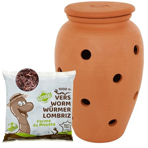 WORMacotta | Lombricompostador de 6,5 L en terracota para enterrar | 500 gr de gusanos de compost | Convierte tu maceta en un furfurcador | Composta tus residuos orgánicos