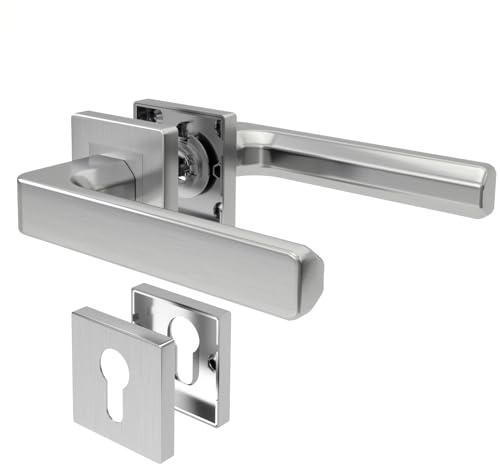 AwmnSrman Türgriffe Innentüren Türklinke Silber PZ - Profilzylinder CUBE | Türgriff-Set mit Rosette Ø 54 mm Drückergarnitur Edelstahl Toilette Die Form von L-Form Moderne