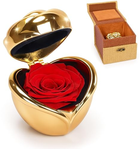 Gdecora Rosa Eterna Roja en Caja Corazón Dorada – Regalo Romántico para Mujer con Joyero Ideal para Anillo, Cadena o Pulsera – San Valentín, Día de la Madre y Aniversarios
