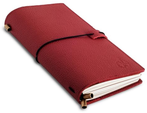 Wanderings Carnet en Cuir Rouge avec Poches 22x11,5cm - Journal de Voyage Rechargeable Organiseur en Cuir Véritable Fait Main avec Poches pour Écriture et Organisation - Recharges Vierges
