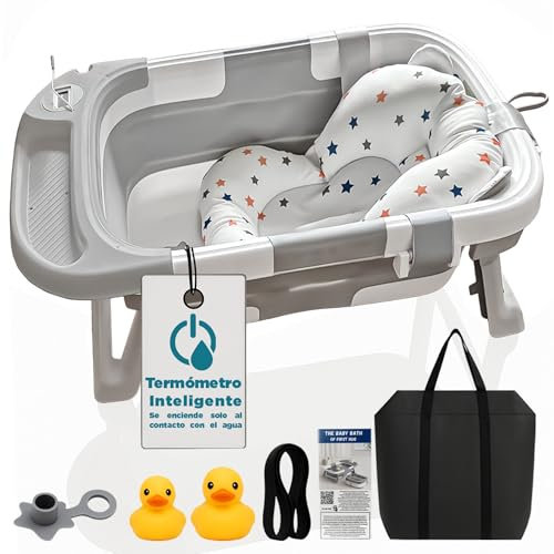 FIRST HUG Bañera Bebé Plegable con Termómetro Digital y Sensor Táctil, Cojín Reductor y Bolsa de Transporte incluidos, Bañera Plegable Bebé, Bañeras para Bebés, Bañera Plegable Niño, Bañera para Bebé