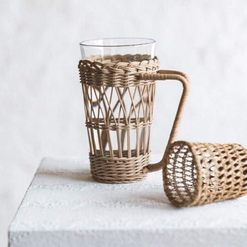 Bread Baskets,Bread Basket,Wicker Baskets,Handmade Rattan,Wicker Basket, Wicker Woven Cup Holders with Handle, Rattan Pencil Holder Heat Resistant Hand Woven Drink Glass Cup Holder Handmade Wicker Pen
