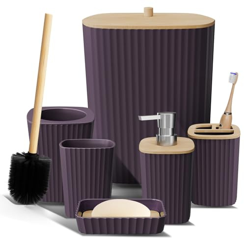 Clara Clark Badezimmer-Set – Lila Badezimmer-Zubehör-Set, 6-teiliges Badezimmer-Zubehör-Set, Badezimmer-Sets mit WC-Bürste, Mülleimer und Seifenspender