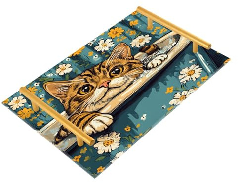 Bandejas decorativas de cocina retro con asas de dibujos animados de gatos de Bengala para servir joyas, perfume para cocina, servir charola para comida