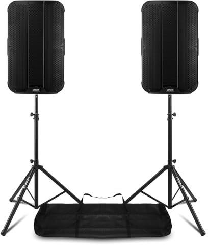 VONYX VD715A Active PA Speaker Set with Adjustable Stands and DSP - 2 x 15-Inch 1800W Bluetooth Bi-Amp Speakers, TWS Stereo, DJ Stage Monitor System & Carry Bag for Live Events & DJs