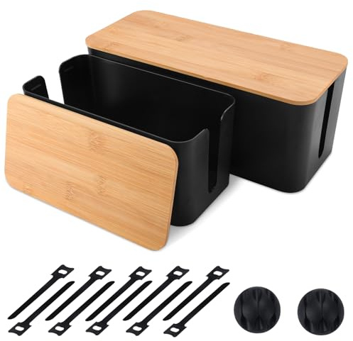 BBWELL Lot de 2 Boite Rangement Cable, Cable Management, Organisateur de Cable, Boite Cache Cable - Bambou Écologique, Cache Cable & Multiprise pour Bureau et Maison - sans Perçage