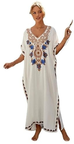 Women’s Embroidered Kaftan Dress – Boho Maxi Beach Cover Up, V-Neck Loose Fit Swim Cover Up, Resort & Lounge Wear, One Size (White)
