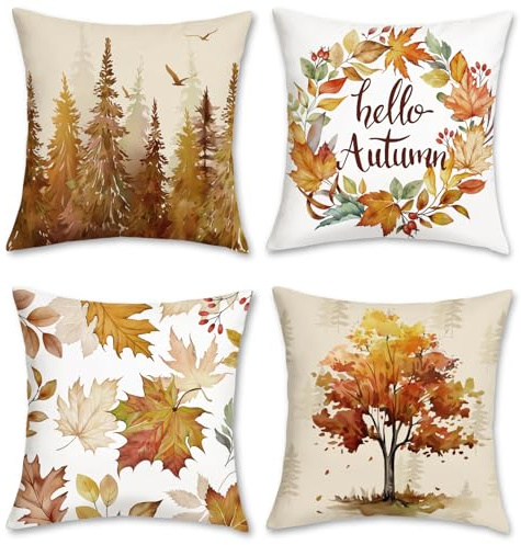 COZZSNUGE Herbst Kissenbezüge 45 x 45 cm, Orange Wald Herbstbaum Ahornblätter Kranz Samtig Dekorative Kissenhülle Zierkissenbezüge für Sofa Wohnzimmer Zuhause 4er Set
