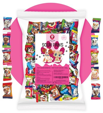 PERE’S CANDY Süßigkeiten Großpackung 1kg - Sour Paws bonbons - Saure Brausebonbons – 20 Tierdesigns – Aus Italien - Premium Süßigkeit - Einzeln Verpackt - Karnevals Wurfmaterial