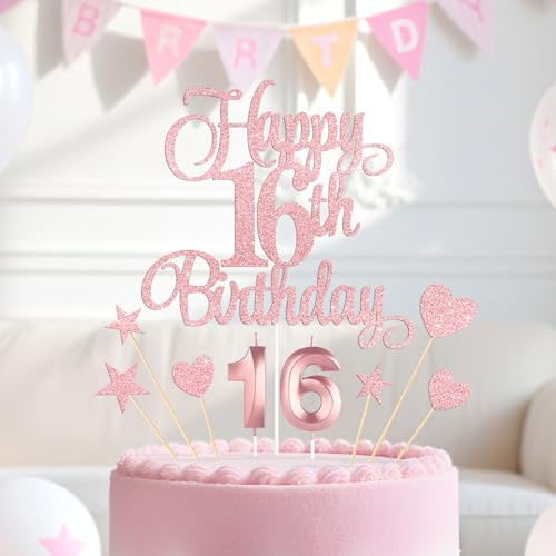 Rose Gold Happy 16th Birthday Cake Decorations, Glitter 16th Birthday Cake Toppers Set and Numeral 16 Candles for Birthday Party Supplies, Heart Star Cupcake Decorations