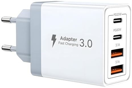 Chargeur USB C 40W 4 Ports Bloc Secteur Rapide avec Double PD+QC 3.1A Compatible avec iPhone 17 16 15 14 13 12 11 Pro Max X XS XR 8 7 SE Mini iPad Samsung Galaxy Tablettes Multiport Type C Adaptateur