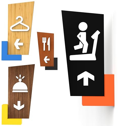 Lot de 4 panneaux directionnels avec flèches – 32 cm – Pictogrammes personnalisés : Toilettes, Réception, Cantine, Salle de sport, Vestiaire/Cabine – Enseignes murales double face