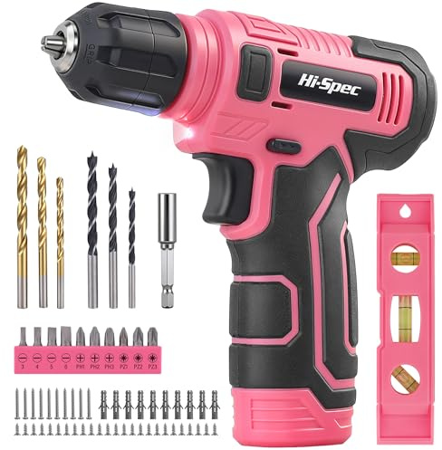 Hi-Spec 8V Batteridrillsats Skruvdragare Set med Tillbehör, Slagborr, LED-ljus - För borrning och skruvning i hemreparation, Rosa