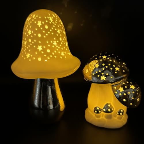 Online Fuchs 2 Pilze aus Keramik mit LED-Beleuchtung und 6-Stunden Timer - Deko für Herbst und Winter - Warmweiß oder Farbwechsel wählbar – Stimmungslichter