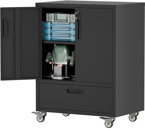 Generiskt rullbart verktygsskåp i metall med låsbar dörr, justerbara hyllor och 360° hjul – perfekt för garage, kontor och hushåll (H101,5 x B 76 x D 51 cm, svart/grå)