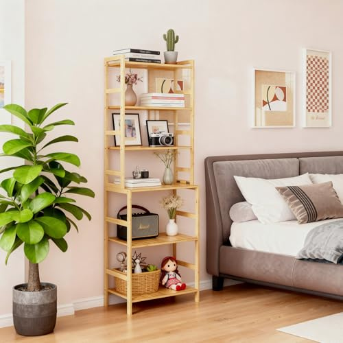 EIUTQRU Bamboo Living Room Bookcases, 6 Tier Standing Ladder Shelf Bookshelf, Multifunctional Narrow Shelving Unit Storage Rack for Garage, kitchen, Office, Bookroom, Corner, 42 x 30 x 160 cm