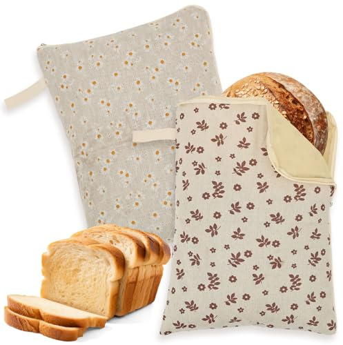 2 Pack Beeswax Bread Bag for Sourdough – 43x33cm Cotton Linen Storage Pouch | L-Shaped Zipper for Easy Access, Keeps Bread Crispy & Fresh, Reusable, for Kitchen & Freezer Use