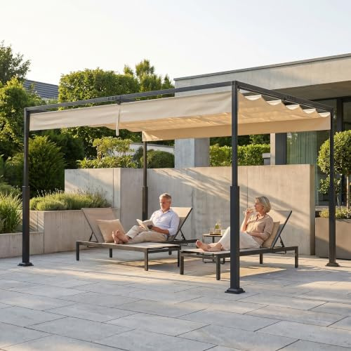 UISEBRT 3 x 4 m metallpergola vattentät stabil vintersäker, paviljong med lamelltak, solskydd, baldakin, fristående med skjuttak för trädgårdar och terrasser, beige