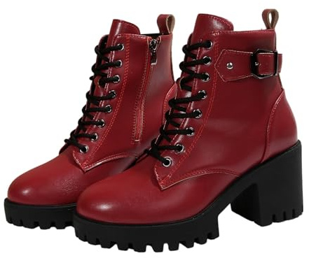 Generisch Botines con tacón de bloque con correa de hebilla, botines modernos con cordones para invierno para mujer, botas de media pantorrilla resistentes con diseño práctico para atuendos casuales