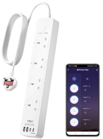 HBN Smart Extension Lead Plug Works with Alexa and Google Home,1.8m Power Strip Cord, APP Remote Control Smart Life Plug (13A 3120W)