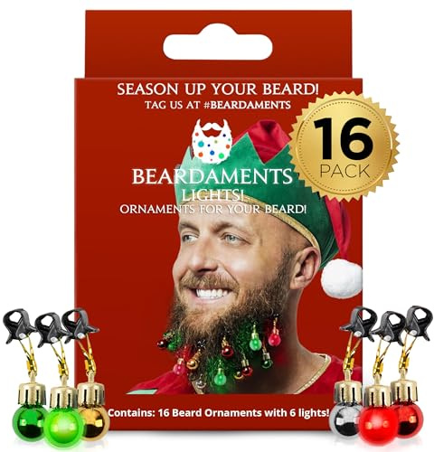 Beardaments Lights- Adornos para Barba con luz, 16 Bolas de Navidad Coloridas para el Pelo Facial para Hombres en Las Vacaciones con Clip para fácil fijación a la Barba