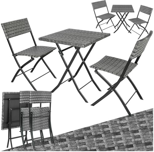 tectake® Conjunto Jardín Exterior de Ratán y Acero para 2 Personas, Muebles Jardín Exterior Resistentes a Intemperie, 2 Sillas y 1 Mesa, con Topes de Plástico, Plegable, Ligero y Compacto - Gris