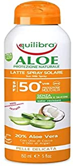 equilibra Solari, Aloe Latte Spray Solare Spf 50+, Latte Solare, con Aloe Vera, Olio di Cocco, di Argan e Vitamina E, Per Pelli Delicate, Protegge da Eritemi e Photoaging, Water Resistant, 150 ml