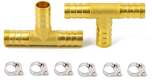 Metaland Brass 3/8 Barbed Tee Fitting 3 Way T Shape Adapter with Hose Clamps (Pack of 2)