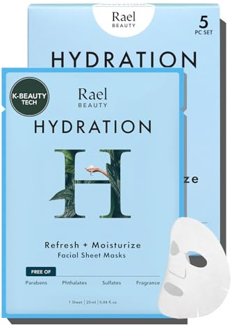 Rael Hydration Face Mask - Korean Skincare for Glass Skin, Hyaluronic Acid, Fruit Extracts, Hydrating & Moisturizing, Super Soft Bamboo Sheet, Free of Fragrance & PEGs, Vegan, Cruelty Free (5 Sheets)