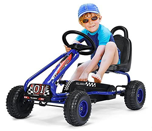 DREAMADE Kart à Pédale Enfant, Go-Kart d’Extérieur avec Charge Maximale 25KG, Siège Réglable, Frein, 4 Roues pour 3-6 Ans Enfants, Filles, Garçons (86 x 50 x 55 cm, Bleu)