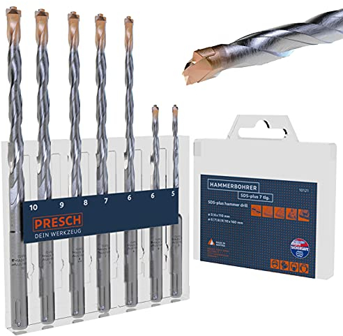Presch SDS Plus Bohrer Set 7-tlg - Hammerbohrer Set SDS für Beton, Stein, Granit, Ziegel und Mauerwerk - Hochleistungs SDS Bohrer mit patentierter Hartmetallplatte - Betonbohrer Ø 5-10mm