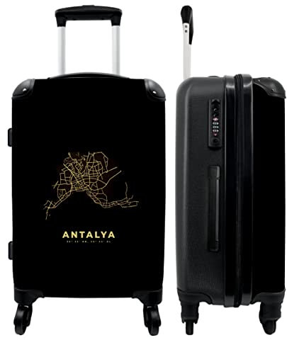 NoBoringSuitcases.com® Koffer groß Trolley Rollkoffer Reisekoffer mit 4 Rollen Fotokoffer - Gold - Karte - Stadtplan - Antalya - 67x43x25cm - 90 Liter