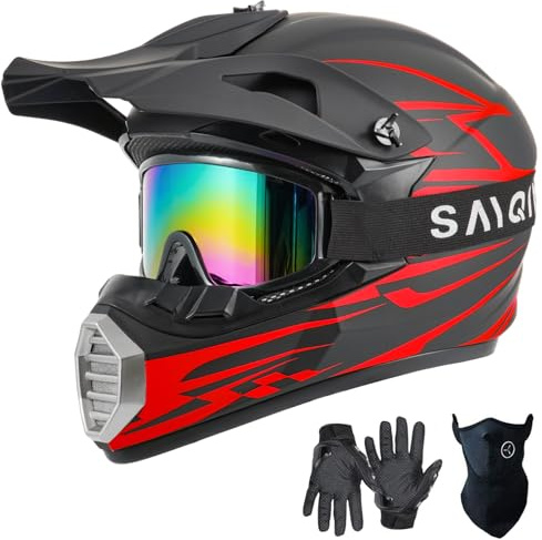 SanQing Youth Kids Motocross Helmet, Full Face Motorcycle Helmet for Dirt Bike ATV Four Wheeler MX Offroad Street Helmet with Gloves,Goggles,Face Shield DOT Approved (Red, X-Large)