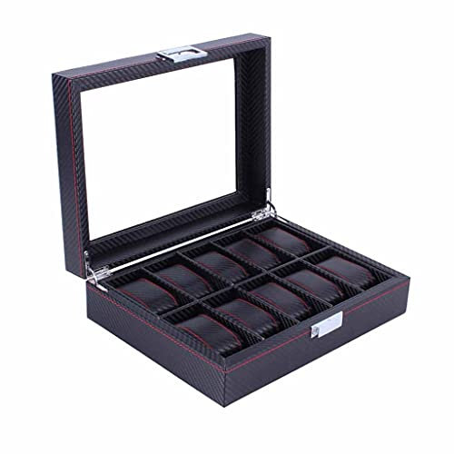 PACUM 10 Grids Carbon Fiber Pattern Uhrenbox Uhrenhalter Organizer Aufbewahrungskoffer Display Rechteck Schwarz Farbe Vitrine vision