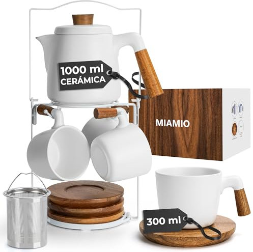 MIAMIO - Théière en céramique de 1000 ml avec infuseur et tasses/passoire à thé, support, 4 tasses à thé en céramique (300 ml), soucoupes en bambou/poignée pour la maison et le bureau (Blanc)